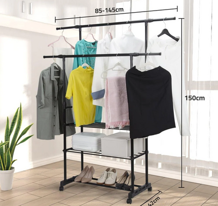 Garment Rack Extendable Double Rod With Shoe Rack