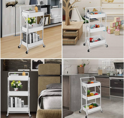 عربة تخزين قابلة للطي بثلاث طبقات مع عجلات