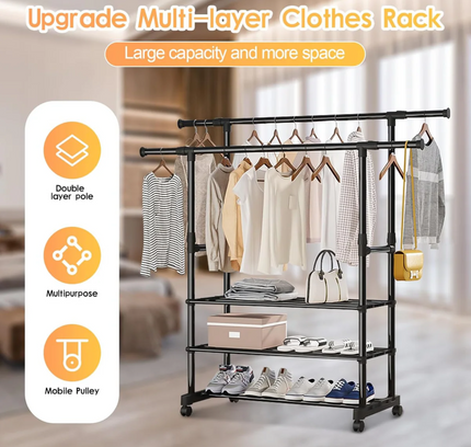 Garment Rack Extendable Double Rod With Shoe Rack