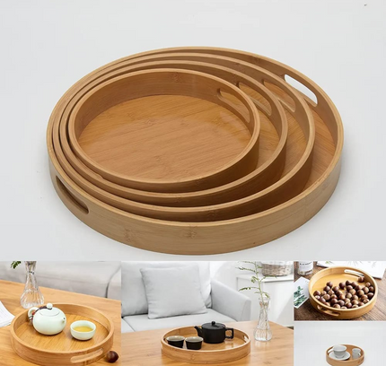 Bamboor Round Serving Tray Set with Handle 4 pcs
