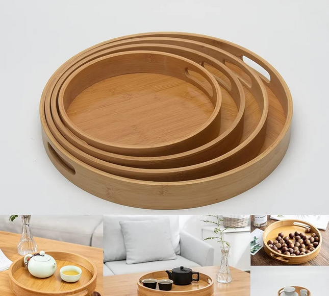 Bamboor Round Serving Tray Set with Handle 4 pcs