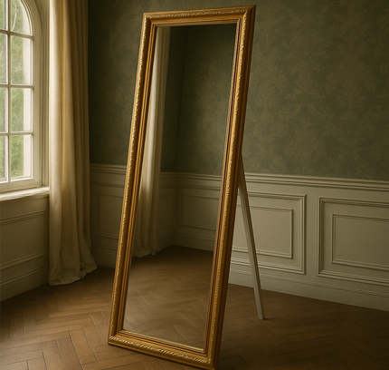مرآة مستطيلة بإطار ذهبي