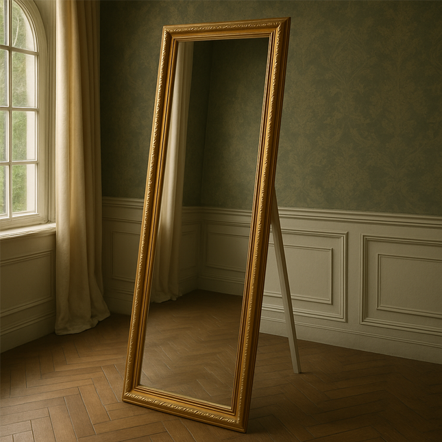 مرآة مستطيلة بإطار ذهبي