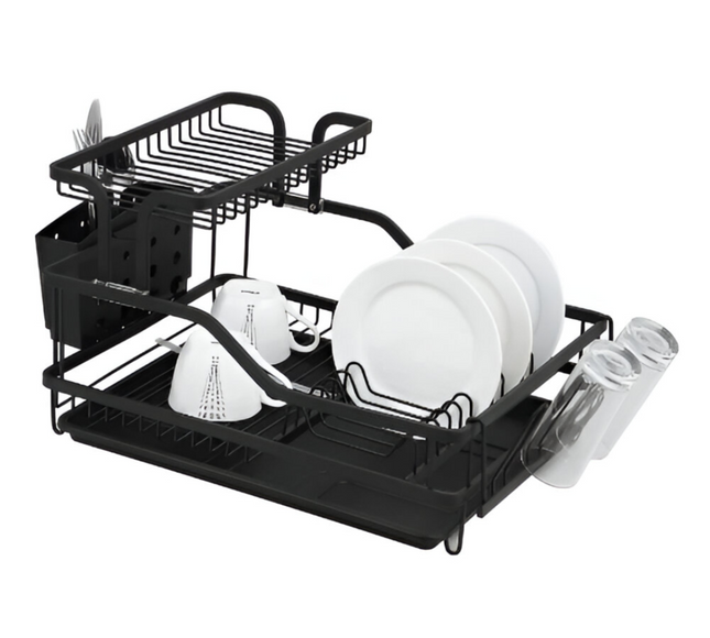 رف أطباق مطبخ من الفولاذ المقاوم للصدأ مكون من طبقتين باللون الأسود