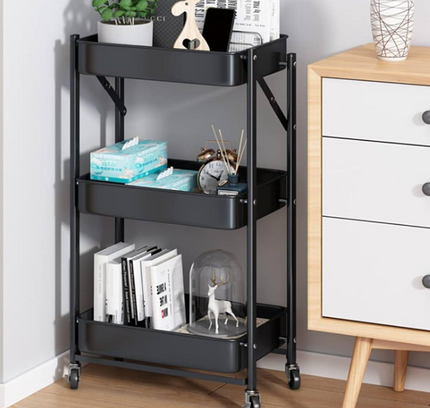 عربة تخزين قابلة للطي بثلاث طبقات مع عجلات