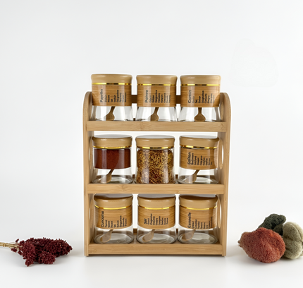 Spice Storage Glass Jars With Bamboo Stand 9 Pcs