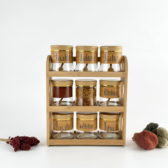Spice Storage Glass Jars With Bamboo Stand 9 Pcs