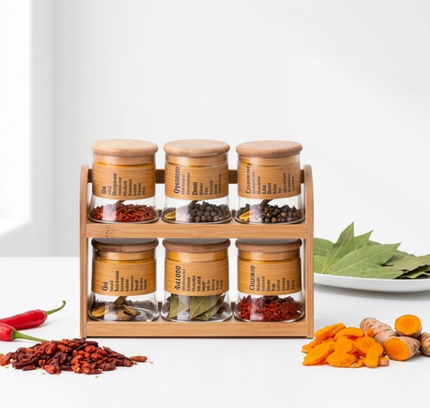 Spice Storage Glass Jars With Bamboo Stand 6Pcs