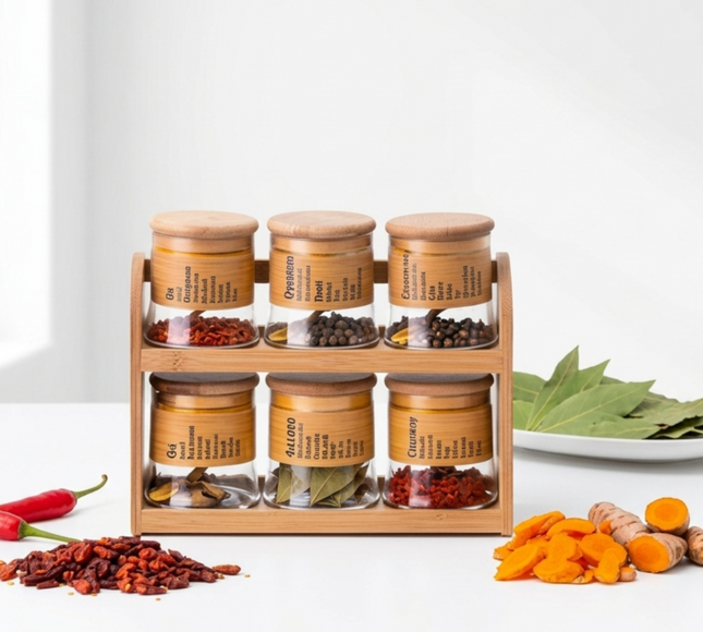 Spice Storage Glass Jars With Bamboo Stand 6Pcs