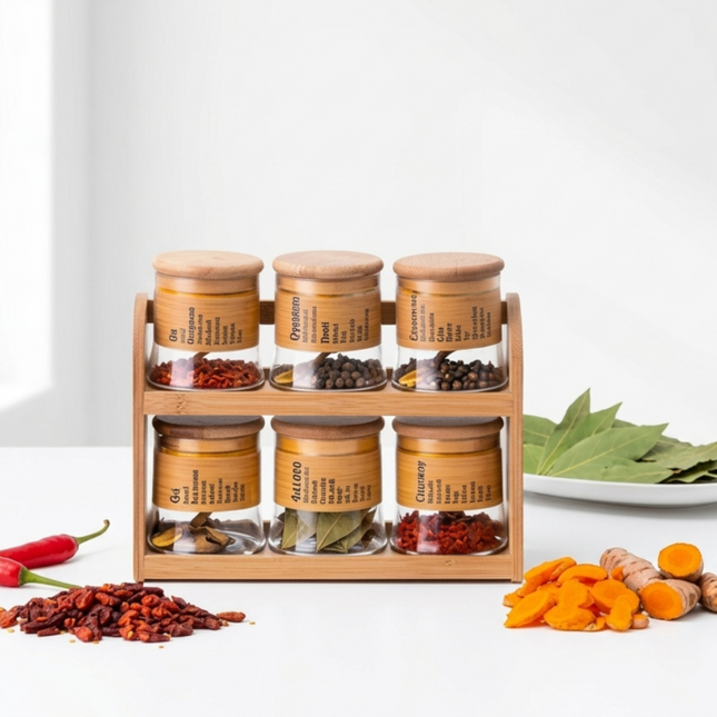 Spice Storage Glass Jars With Bamboo Stand 6Pcs