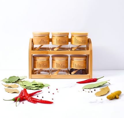 Spice Storage Glass Jars With Bamboo Stand 6Pcs