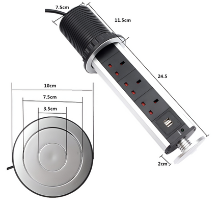 سلك تمديد منبثق بثلاثة مقابس مع منفذي USB