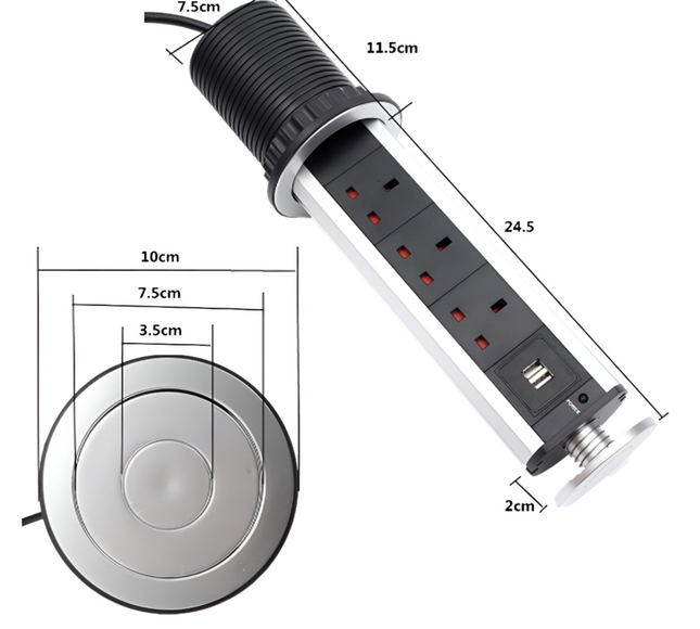 سلك تمديد منبثق بثلاثة مقابس مع منفذي USB