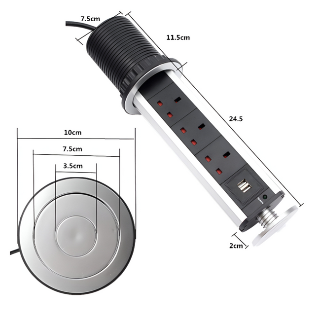 سلك تمديد منبثق بثلاثة مقابس مع منفذي USB