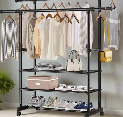 Garment Rack Extendable Double Rod With Shoe Rack