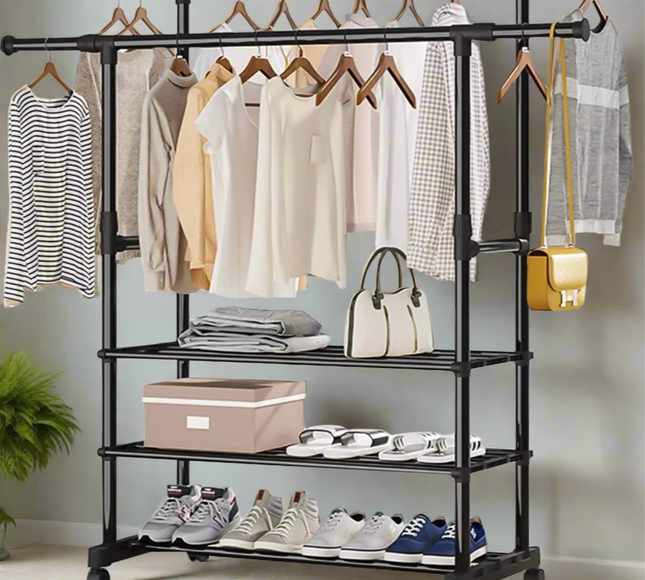 Garment Rack Extendable Double Rod With Shoe Rack