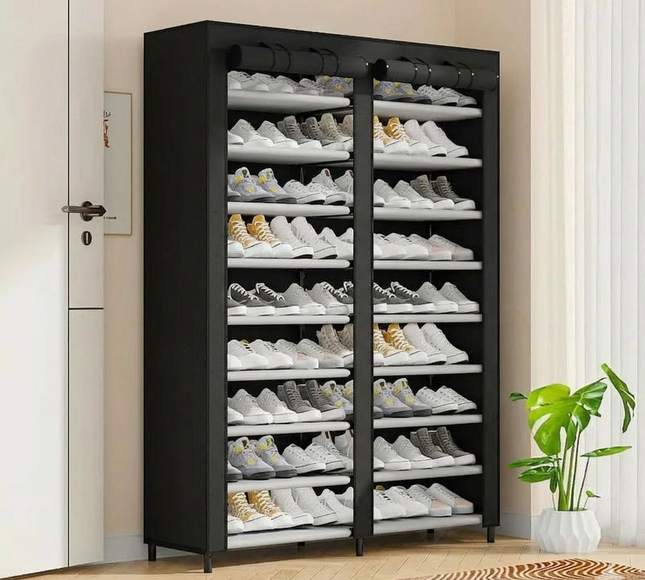 Double Row Portable Fabric Cover Shoe Rack 10 Layer