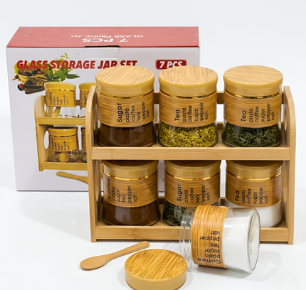 Spice Storage Glass Jars With Bamboo Stand 6Pcs
