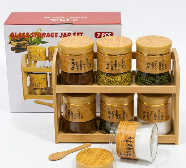 Spice Storage Glass Jars With Bamboo Stand 6Pcs