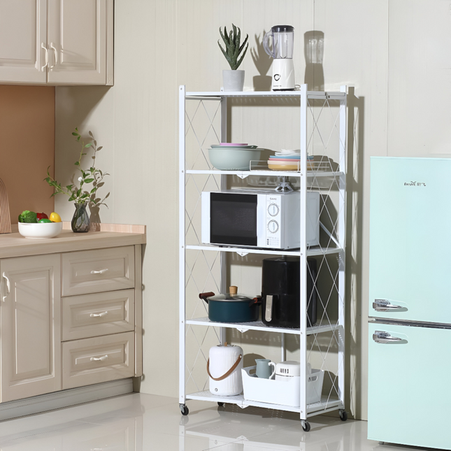 رف تخزين مطبخ قابل للطي مكون من 5 طبقات باللون الأبيض