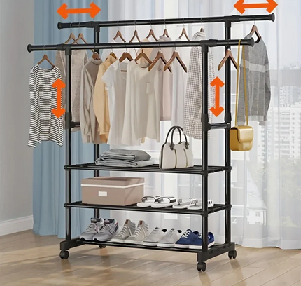 Garment Rack Extendable Double Rod With Shoe Rack