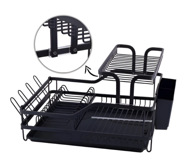 رف أطباق مطبخ من الفولاذ المقاوم للصدأ مكون من طبقتين باللون الأسود