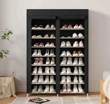 Double Row Portable Fabric Cover Shoe Rack 10 Layer