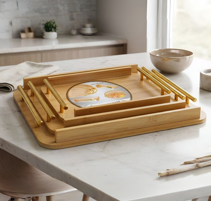 Bamboo Serving Tray With Golden Handle