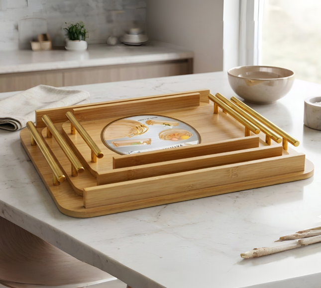 Bamboo Serving Tray With Golden Handle