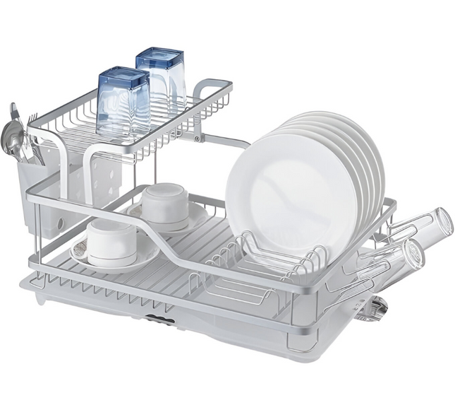 رف أطباق مطبخ من الفولاذ المقاوم للصدأ مكون من طبقتين باللون الأبيض