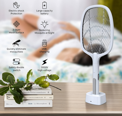 مضرب ذباب كهربائي عالي الطاقة 2 في 1، 3000 فولت، قابل لإعادة الشحن عبر USB