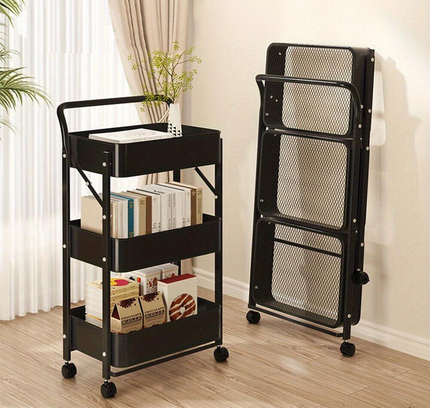 عربة تخزين قابلة للطي بثلاث طبقات مع عجلات