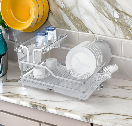 رف أطباق مطبخ من الفولاذ المقاوم للصدأ مكون من طبقتين باللون الأبيض