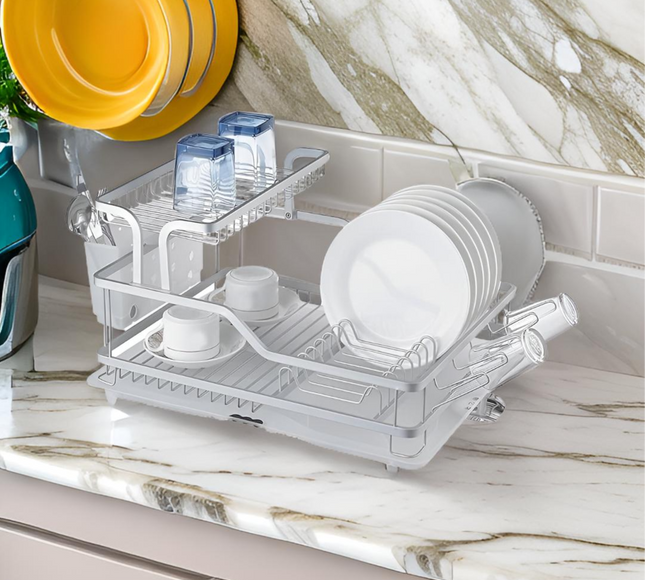 رف أطباق مطبخ من الفولاذ المقاوم للصدأ مكون من طبقتين باللون الأبيض