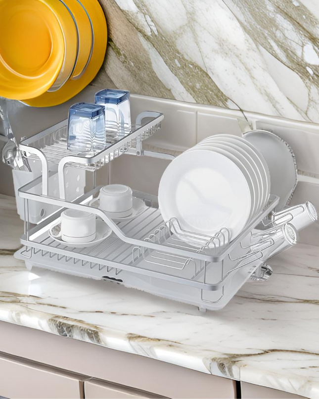 2 Layer Kitchen Stainless Steel Dish Rack white