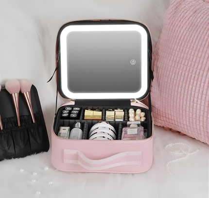 Portable Makeup Cosmetic Box With Led Mirror Pink