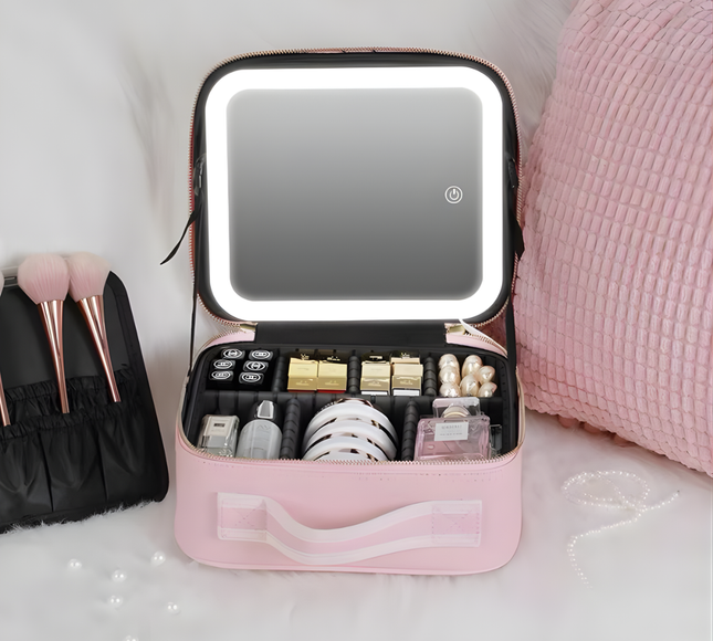 Portable Makeup Cosmetic Box With Led Mirror Pink