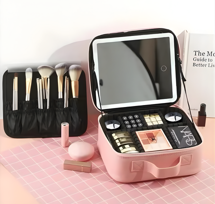 Portable Makeup Cosmetic Box With Led Mirror Pink