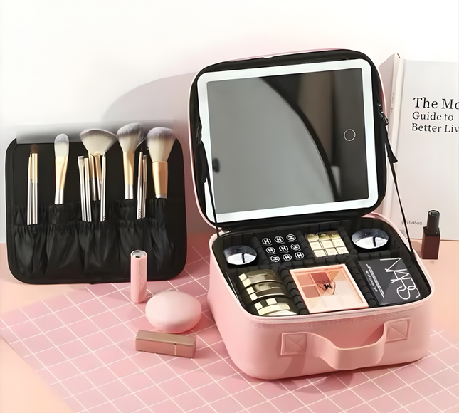 Portable Makeup Cosmetic Box With Led Mirror Pink