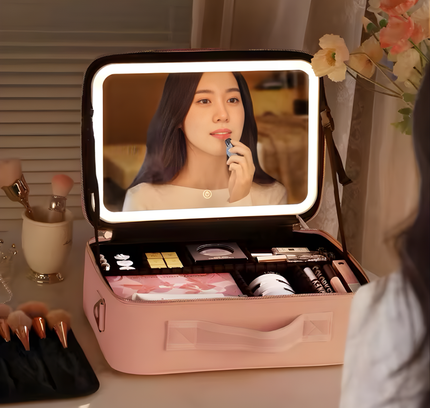 Portable Makeup Cosmetic Box With Led Mirror Pink