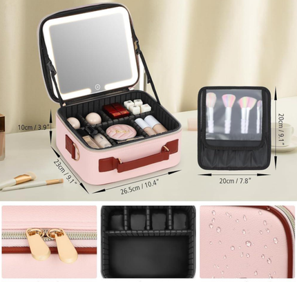 Portable Makeup Cosmetic Box With Led Mirror Pink