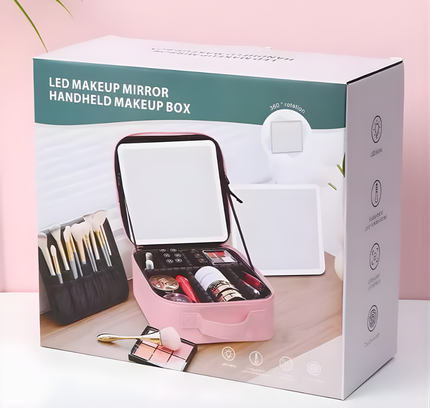 Portable Makeup Cosmetic Box With Led Mirror Pink