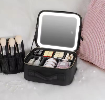 Portable Makeup Cosmetic Box with LED Mirror Black