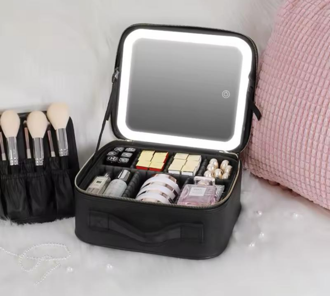 Portable Makeup Cosmetic Box with LED Mirror Black