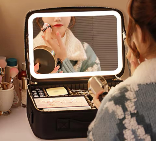 Portable Makeup Cosmetic Box with LED Mirror Black