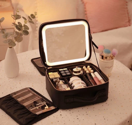 Portable Makeup Cosmetic Box with LED Mirror Black