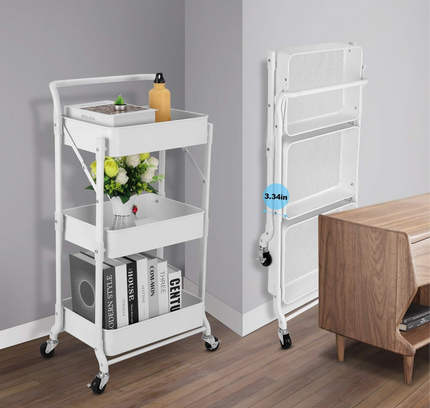 عربة تخزين قابلة للطي بثلاث طبقات مع عجلات