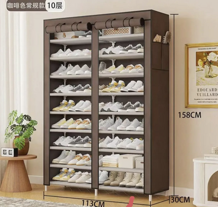 Double Row Portable Fabric Cover Shoe Rack 10 Layer