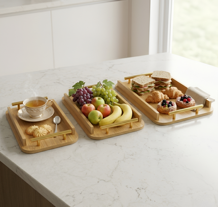 Bamboo Serving Tray With Golden Handle