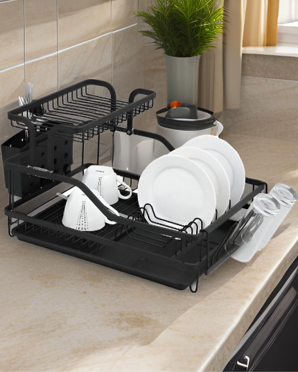 2 Layer Kitchen Stainless Steel Dish Rack black